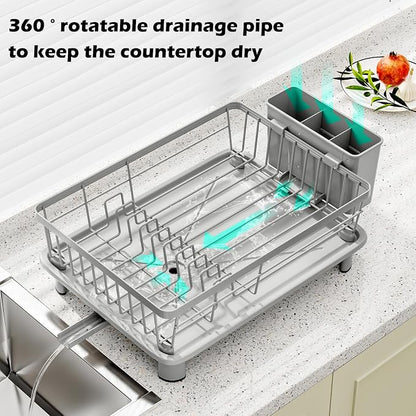 Small Dish Drying Rack, Space Saving Dish Racks for Kitchen Counter, Kitchen Organizer Dish Drainer with Cutlery Holder for Spoons and Forks, 11''W x 15''L, Gray