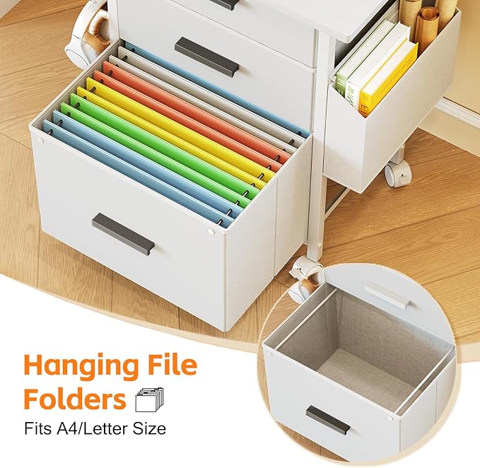 Mexin 3 Drawer File Cabinet with 22'' Extended Desktop, Mobile Filing Cabinet, Printer Stand, Rolling Printer Stand with Side Bag, Fabric Drawer, Fits A4 Size, Home Office, White