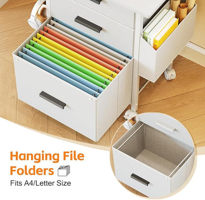 Mexin 3 Drawer File Cabinet with 22'' Extended Desktop, Mobile Filing Cabinet, Printer Stand, Rolling Printer Stand with Side Bag, Fabric Drawer, Fits A4 Size, Home Office, White