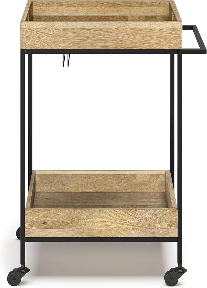 SIMPLIHOME Simons SOLID MANGO WOOD Industrial Contemporary 24 inch Wide Bar Cart in Natural for the Living room, dining room and kitchen