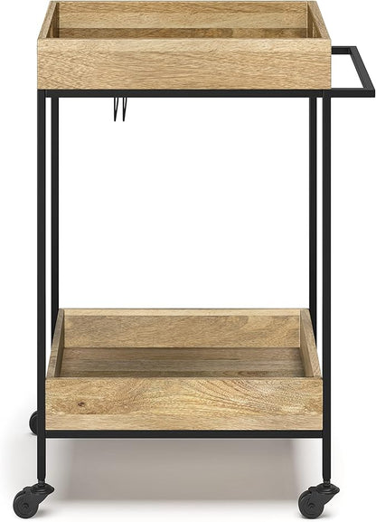 SIMPLIHOME Simons SOLID MANGO WOOD Industrial Contemporary 24 inch Wide Bar Cart in Natural for the Living room, dining room and kitchen