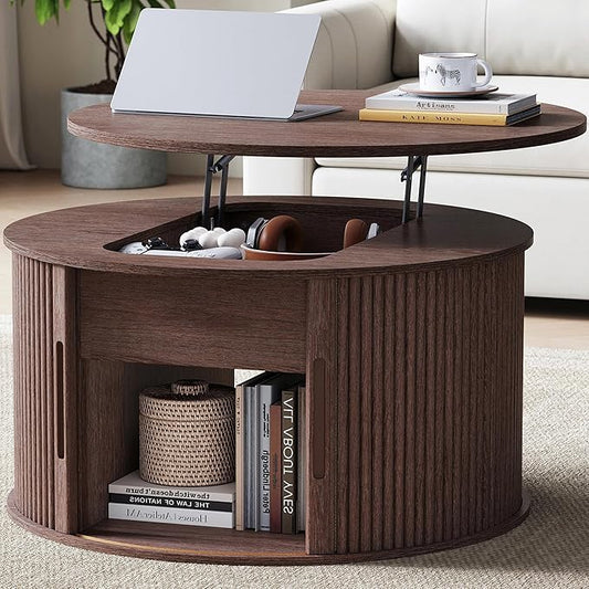 LINSY Lift Top Coffee Table, Round Fluted Coffee Table with Storage, Mid Century Modern Wooden Coffee Tables with Sliding Tambour Door, 31.5" Center Table for Living Room, Office, Small Space, Walnut