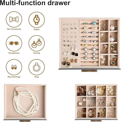 Frebeauty Clear Lid Jewelry Box,3-Layer Jewelry Organizer with Drawer,PU Leather Jewelry Organizers and Storage,Jewelry Boxes for Women,Jewelry Storage for Rings Earring Stud,Gift for Women(Grey)