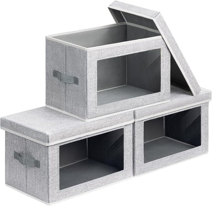 Homsorout Storage Boxes with Lids - 3 Pack Fabric Clear Window Storage Bins, Collapsible Storage Bins with Lids, Linen Closet Organizer for Clothes, Towel, Blanket, Light Grey
