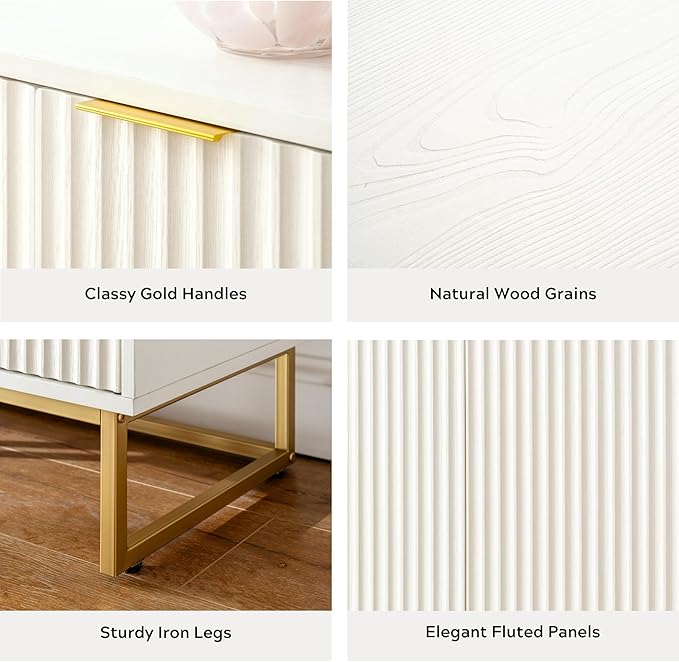 Fluted Storage Cabinets Set of 3, Sideboard Buffet Cabinet Modern Accent Cabinet with Adjustable Shelves, Credenza, Console Table Entryway Cabinets for Living Room, White