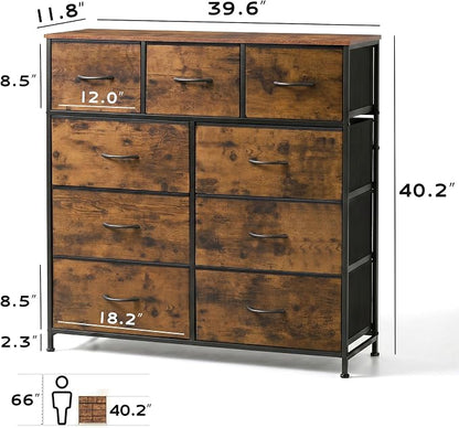 WLIVE 9-Drawer Dresser, Fabric Storage Tower for Bedroom, Hallway, Entryway, Closet, Tall Chest Organizer Unit with Fabric Bins, Steel Frame, Wood Top, Easy Pull Handle, Rustic Brown Wood Grain Print