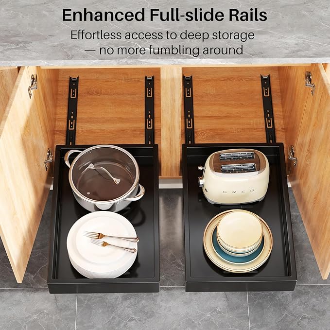 4 Pack Pull out Cabinet Organizer, 21"Deep, Heavy Duty Full-extension Slide out Drawers for Kitchen Cabinet, Roll out Shelf Storage with Nano Adhesive for Pots, Bathroom, Pantry, Home, Black