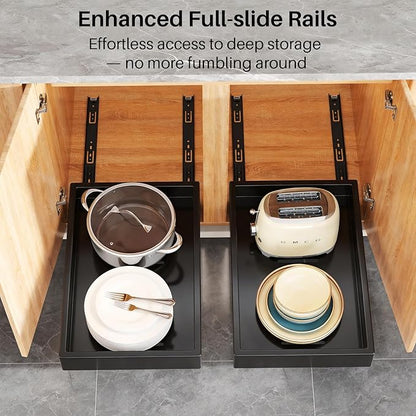 4 Pack Pull out Cabinet Organizer, 21"Deep, Heavy Duty Full-extension Slide out Drawers for Kitchen Cabinet, Roll out Shelf Storage with Nano Adhesive for Pots, Bathroom, Pantry, Home, Black