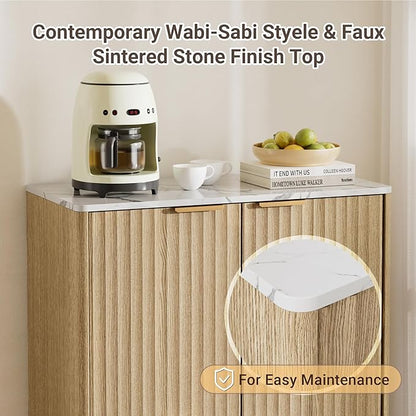 Sideboard Cabinet, Small Buffet Cabinet, Modern Fluted Storage Cabinet with Faux Marble Top & Adjustable Shelf, Accent Credenza Sideboard for Kitchen, Living Room, Entryway