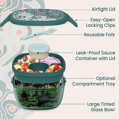 Bentgo Glass Prints Salad Container - 7.6-Cup Tinted Glass Salad Bowl with Airtight Lid, Leak-Proof Sauce Container, 4-Compartment Bento Meal Prep Tray & Reusable Fork (Floral Maximalist - Sea)
