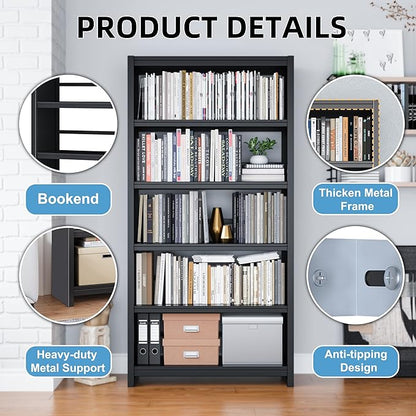 69.3" Tall Metal Bookshelf, Black Bookcase with Display Shelves, 5 Tier Open Shelf Bookcases for Living Room, Bedroom, Home Office, Study, Library