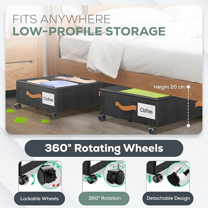 Under Bed Storage with Wheels, 2 Pack (36L Each)| Low Profile Storage Organizer with Clear Window, Double Zipper & 360° Locking Wheels – Rolling Metal Drawer for Clothes, Shoes, & More (Black)