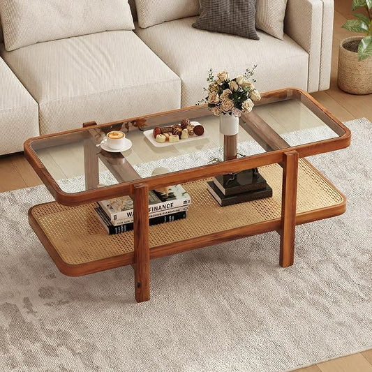 Giantex Rattan Coffee Table, 47.5" Rectangle Solid Wood Tea Table w/Tempered Glass Tabletop, Rattan Storage Shelf, 2-Tier Boho Coffee Tables, Farmhouse Center Table for Living Room (Brown)