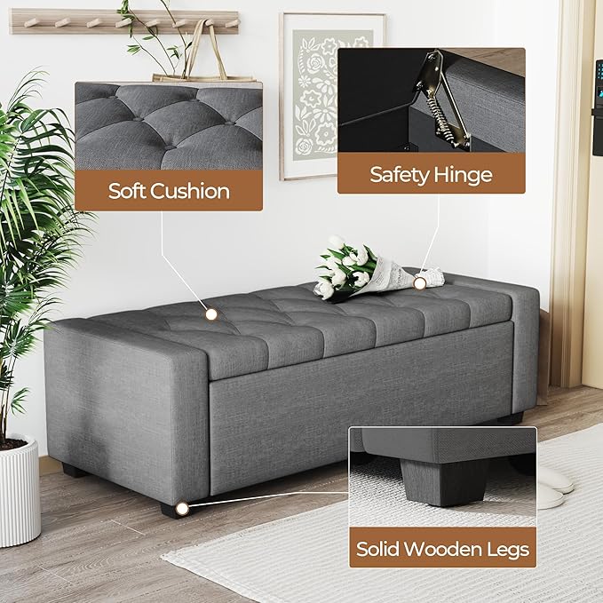 Storage Ottoman Bench,Large Entryway Ottoman with Storage, Rectangular Bench with Cushion and Safety Hinge for Living Room Bedroom,Darkgray