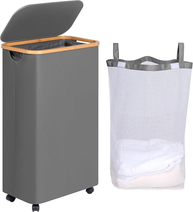 efluky Slim Laundry Basket with Wheels, Tall Rolling Laundry Hamper with Lid and Removable Bag, Aesthetic Dirty Clothes Hamper on Wheels for Laundry Room, Bedroom, Dorm and Bathroom,75L Grey