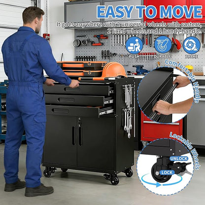 Metal Garage Storage Cabinet with Wheels, Rolling Tool Cabinet with 3 Drawers and 2 Doors, Heavy Duty Tool Cabinet with Workbench, Assembly Required, Black