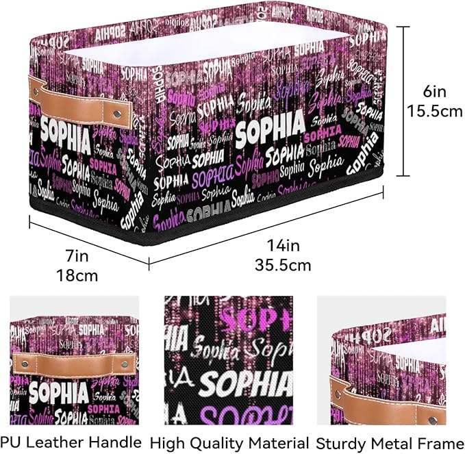 Personalized Small Kids Toys Box with Name, Custom Nursery Baskets, Women Makeup Organization Custom Storage Toilet Paper Organizer, Dream Pink Glittering with Black