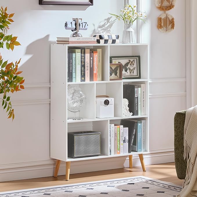 LEYAOYAO Cube Bookshelf 3 Tier Mid-Century White Modern Bookcase with Legs,Retro Wood Bookshelves Storage Organizer Shelf,Freestanding Open Book Shelves for Bedroom,Living Room,Office