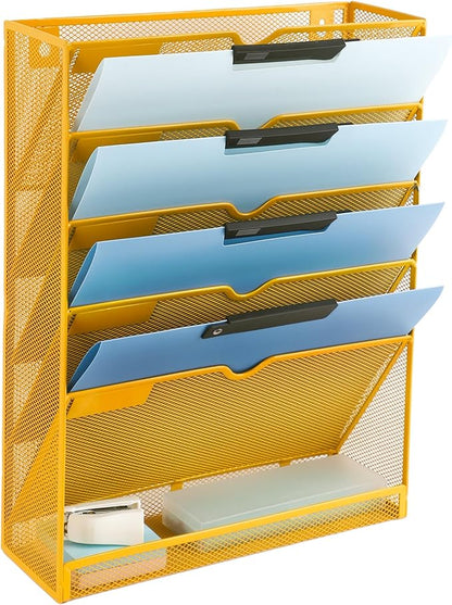 EASEPRES 6 Tier Mesh Hanging Wall File Organizer, Desk Vertical Mail Paper Document Folder Holder Rack with Bottom Tray and Nametag Label for Office Home School, Yellow