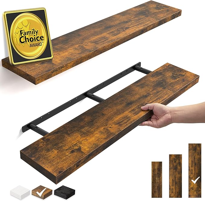 BAYKA Floating Shelves Set of 2, 47.2 inches Long Wall Mounted Rustic Wood Shelves for Bathroom, Bedroom, Living Room, Kitchen, Office, Hanging Shelf for Books/Storage/Decor, Rustic Brown