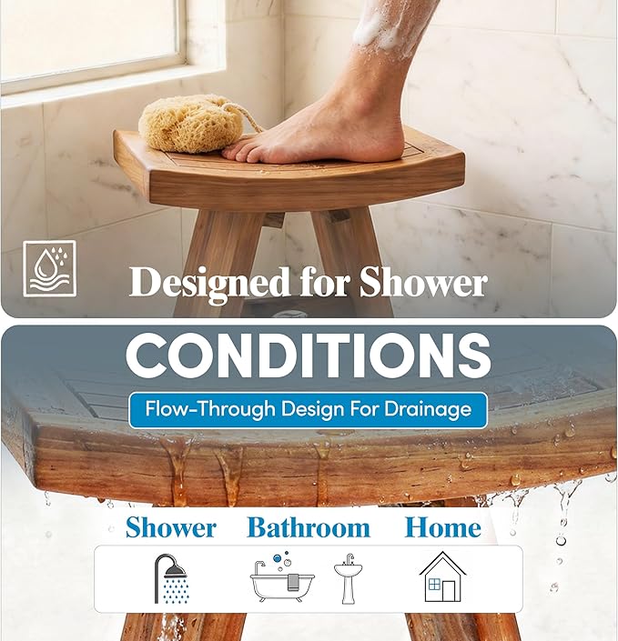 AquaTeak The Original 18" Asia Teak Shower Bench - Shower Stool for Bathroom - Durable Water Resistant Shower Chair - Shaving Foot Rest - Indoor & Outdoor Use