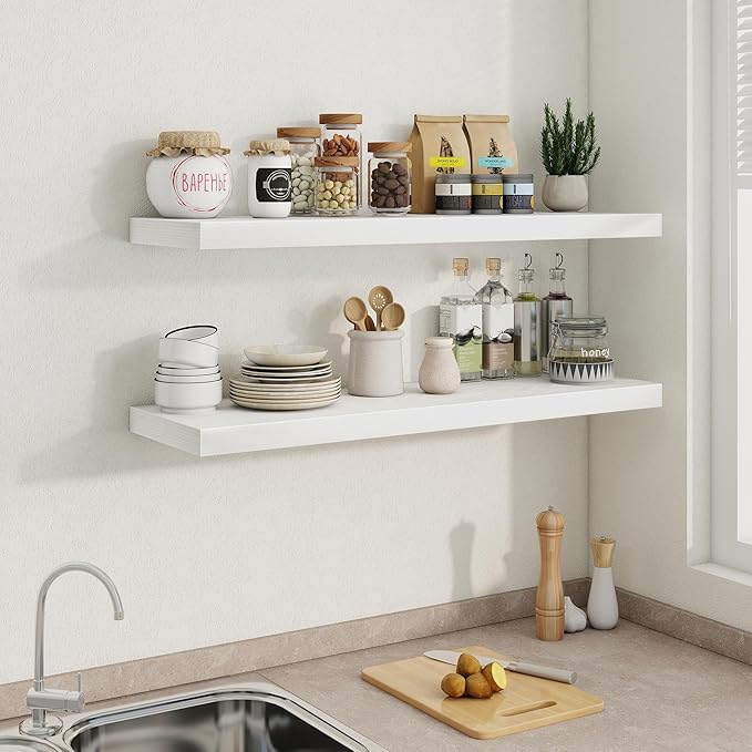 Fun Memories 40" W x 9.3" D White Floating Shelves for Wall, Deep Long Floating Shelf for Home Bathroom, Bedroom, Living Room, Rustic Wood Wall Mounted Shelves for Books Decor