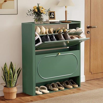 ORRD Shoe Storage Cabinet with 2 Flip Drawers, Wood Narrow Shoe Cabinet for Entryway, Fluted Hidden Shoe Organizer, Freestanding Slim Shoes Cabinets for Foyer, Hallway-Green