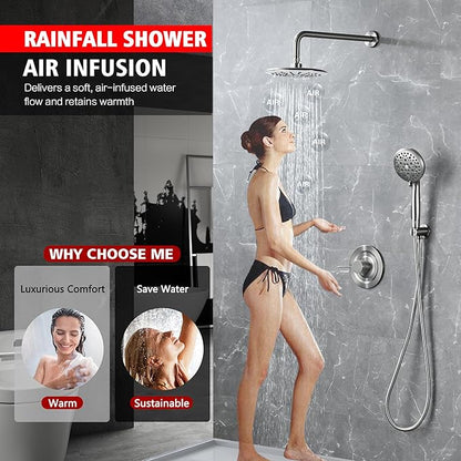 sumerain High Pressure 9 Inch Shower Faucet Set, Rain Shower System with Filtered Handheld Shower Head, Rough-in Valve and Trim Included, Brushed Nickel