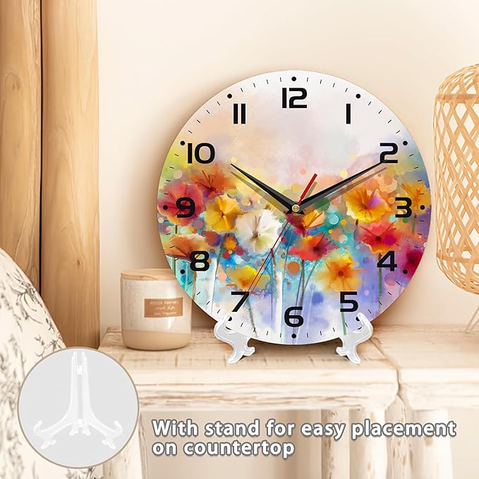 Clock for Living Room, Vintage Wild Floral Wall Clock Vintage Wooden Wall Clock Silent Non-Ticking Battery Operated Arabic Numerals Wall Clocks Decorative for Kitchen, Office, Classroom 10 Inch