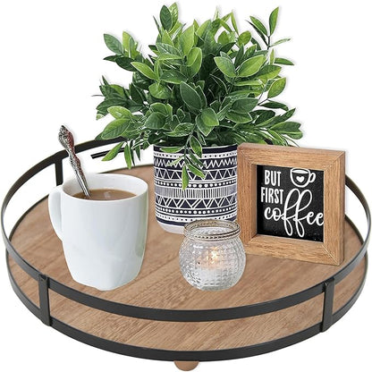 Defined Deco 12in Decorative Tray-Round Serving Tray with Metal Handle-Decorative Trays for Home Decor,Living Room Decor,Coffee Table Decor,Rustic Wooden Tray for Kitchen Table Decor,Dining Table.