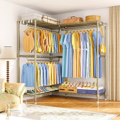 E15 Pro Garment Rack L Shaped Clothes Rack for Corner，Freestanding Clothing Racks for Hanging Clothes，Heavy Duty Closet System with 4 Hanging Rods & 8 S Hooks，48.8"W x 15.8"D x 78.4"H，Gold