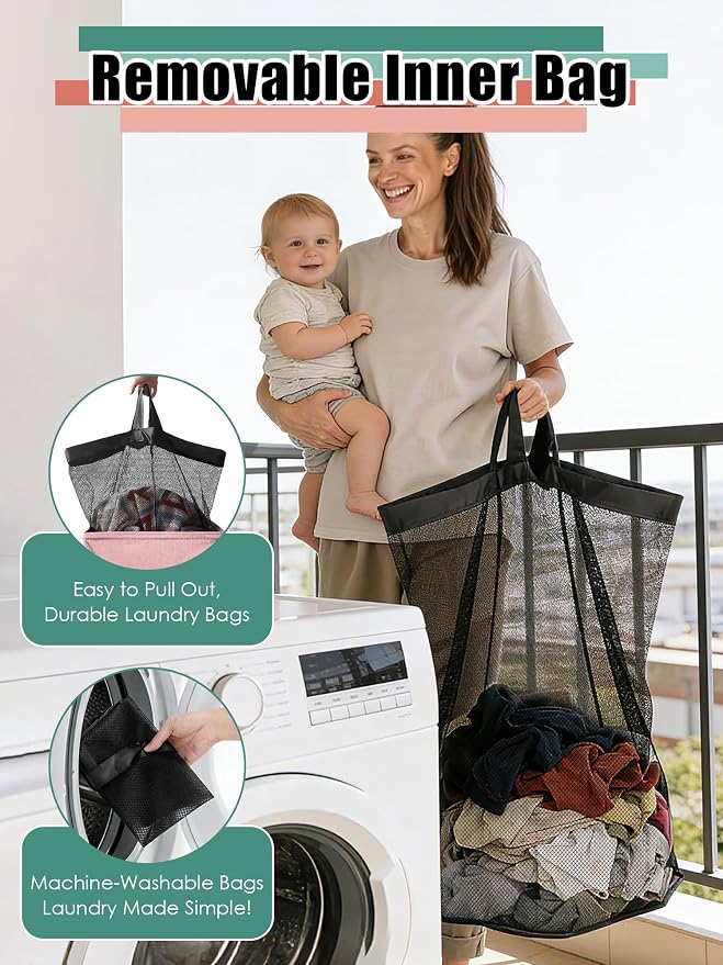 WTREE Laundry Hamper with Lid, Reinforced Sturdy Clothes Hamper with Anti-Puncture Base, Large Collapsible Laundry Basket with Removable Liner Bag, Tall Dirty Clothes Bin for Family, 100L Pink