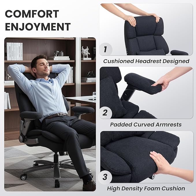 750lbs Heavy Duty Desk Chair with 3D Kneading Massage, Big and Tall Office Chairs with Ergonomic Support, 4D Armrests, 5 Quiet Dual Rubber Wheel, Thick Spring Cushion(Black-Fabric)