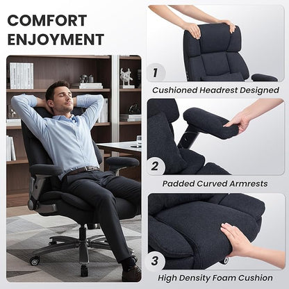 750lbs Heavy Duty Desk Chair with 3D Kneading Massage, Big and Tall Office Chairs with Ergonomic Support, 4D Armrests, 5 Quiet Dual Rubber Wheel, Thick Spring Cushion(Black-Fabric)
