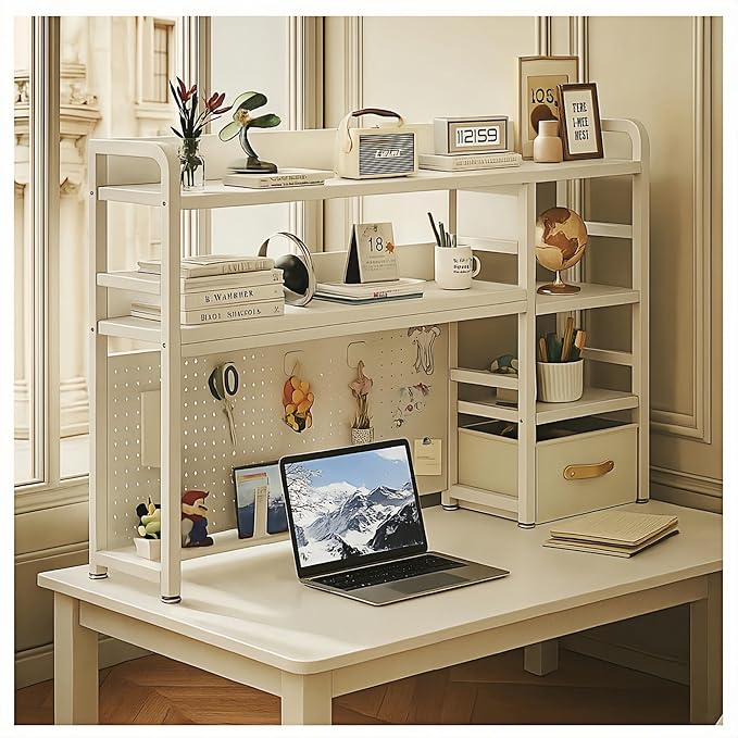 Desktop Bookshelf, pegboard Storage and Organization Rack, Dorm Desk Shelf, Desk Hutch, Desktop Storage for Office, Study, Student Display Rack,Desktop Shelves (White 53.2" Lx9.9 Wx37 H)