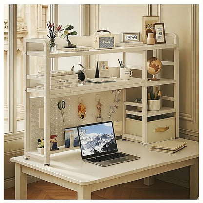 Desktop Bookshelf, pegboard Storage and Organization Rack, Dorm Desk Shelf, Desk Hutch, Desktop Storage for Office, Study, Student Display Rack,Desktop Shelves (White 53.2" Lx9.9 Wx37 H)
