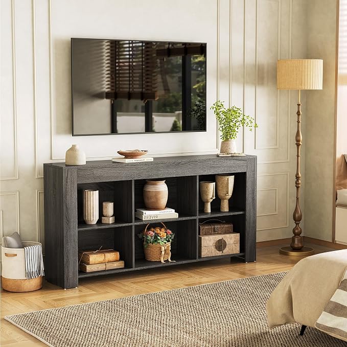 LITTLE TREE TV Stand with Storage, 63-Inch Entertainment Center with Shelves, Modern Media Console for Television up to 65" for Living Room, Bedroom, Grey + Black