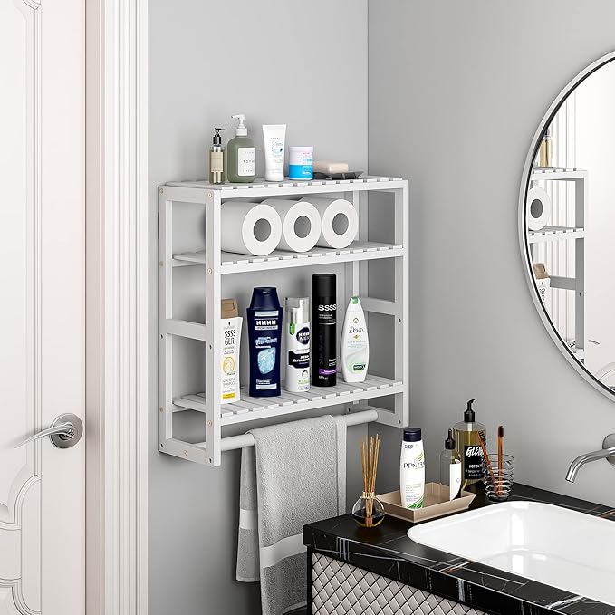 Galood Over The Toilet Storage Bathroom Shelves Wall Mounted 3 Tier Space Saver Corner Shelf Organizer Bamboo Towel Rack Toilet Paper Cabinet with Hanging Rod White