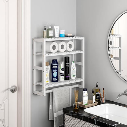 Galood Over The Toilet Storage Bathroom Shelves Wall Mounted 3 Tier Space Saver Corner Shelf Organizer Bamboo Towel Rack Toilet Paper Cabinet with Hanging Rod White