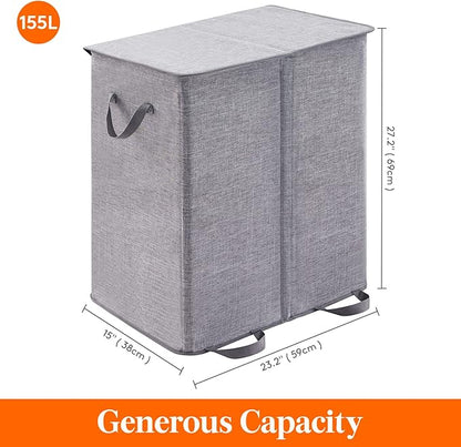 Lifewit Double Laundry Hamper with Lid and Removable Laundry Bags, Large Collapsible 2 Dividers Dirty Clothes Basket with Handles for Bedroom, Laundry Room, Closet, Bathroom, College, 155L Grey
