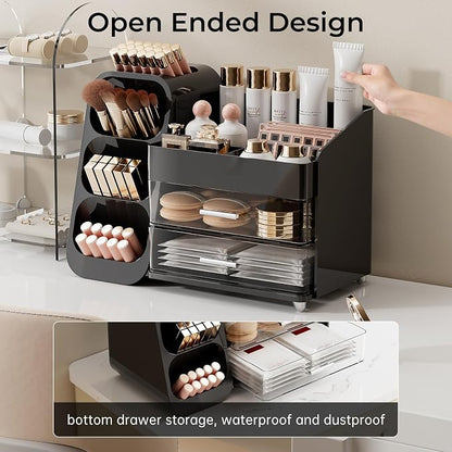 UFORU Makeup Organizer for Vanity with Brush Holder, Large Capacity Bathroom Countertop Skincare Organizer with 2 Drawers, Cosmetic Display Case for Perfumes, Eyeshadow Palettes, Nail Polishes