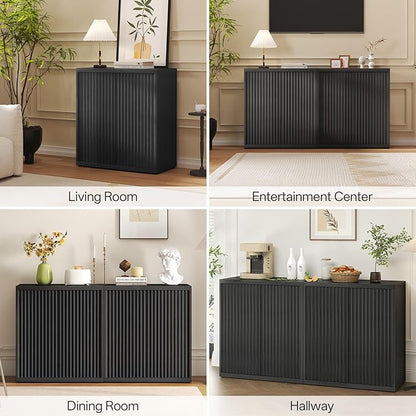 31” Sideboard Cabinet with Storage, Fluted Accent Cabinet with Adjustable Shelves, Modern Wood Credenza Cabinets with Pop-up Doors for Entryway Kitchen Living Room Hallway, Black 2pcs