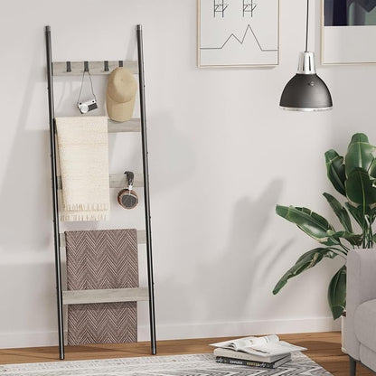 Blanket Ladder, 5-Tier Towel Holder with 4 Removable Hooks, Farmhouse Wall Leaning Decorative Rack Shelf, Wooden Towel Display Rack, Quilt Ladder for Living Room, Bedroom, Greige