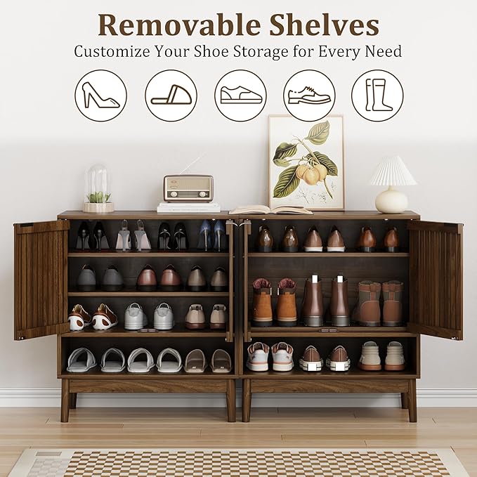 Shoe Cabinet with Slatted Doors, 4 Tier Freestanding Shoe Cabinet Storage for Entryway, Narrow Entryway Shoe Organizer Cabinets with Shelves (Walnut, 27.6" Wide)