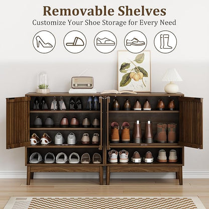 Shoe Cabinet with Slatted Doors, 4 Tier Freestanding Shoe Cabinet Storage for Entryway, Narrow Entryway Shoe Organizer Cabinets with Shelves (Walnut, 27.6" Wide)