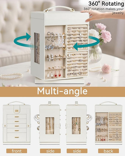 AKOZLIN Jewelry Box 6-Tier Organizer Functional 360° Rotating Jewelry Storage Case for Women Girls Ring Necklace Earring Bracelet Holder with Mirror