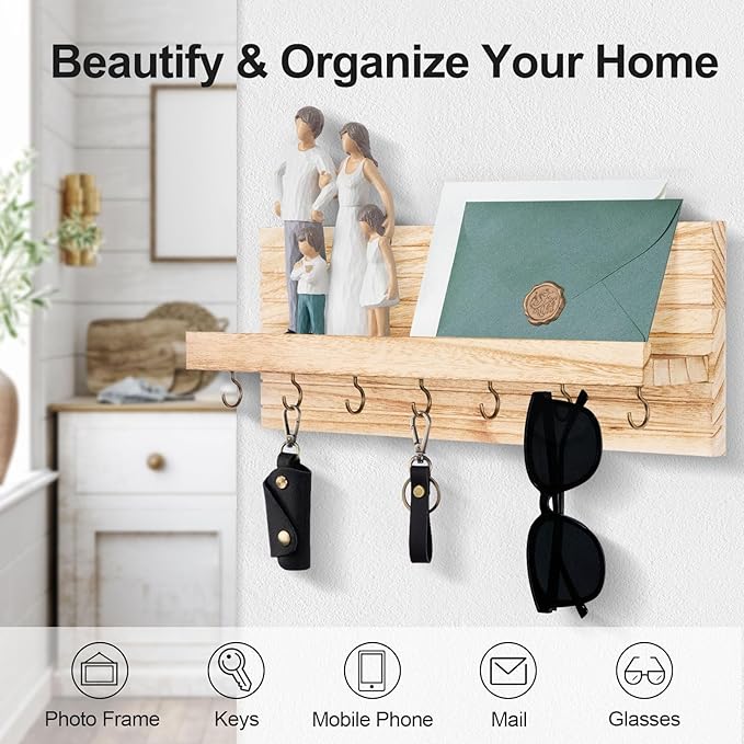 Decorative Key Holder for Wall with Shelf, Entryway Shelf with Hooks Holds Leashes, Jackets and Glasses – Sturdy Wood Keyholder Entrance Hanger with Mounting Hardware (Wood, Large)