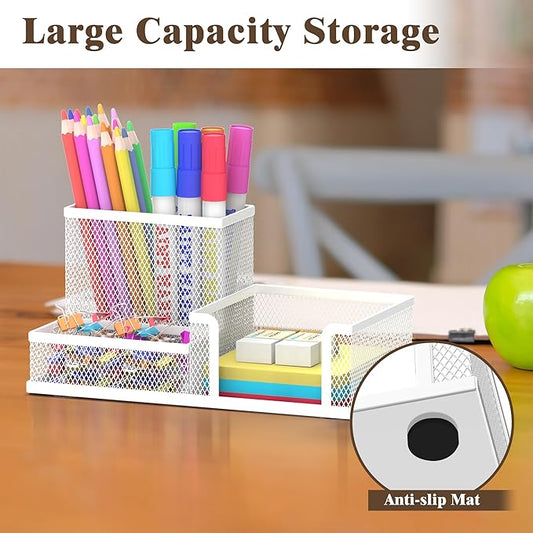 SUPEASY Pen Holder Desk Organizer, Office Supplies Pencil Holder with 3 Compartments, Desk Accessories and Workspace Organizers for Home School Classroom, White