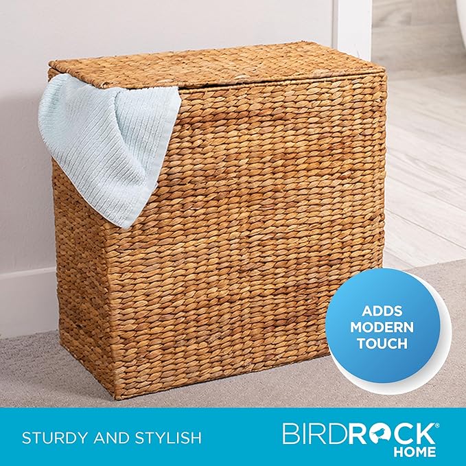 BirdRock Home Water Hyacinth Laundry Hamper Divided Interior (Natural) | Eco Friendly | Made of Hand Woven Hyacinth Fibers | Includes Two Removable Cotton Liners Bag | Wicker Laundry Basket with Lid