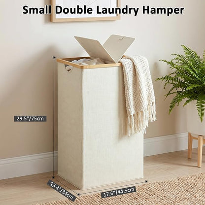 efluky Laundry Hamper with Lid, Double Laundry Basket with 2 Removable Bags, 2 Section Laundry Bin with Bamboo Handles for Bathroom, Bedroom & Laundry Room, 115L (30.4 Gallon) Beige
